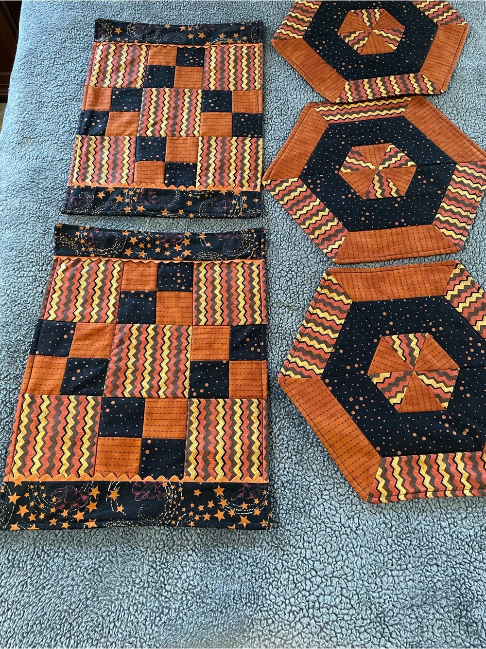 Fall Handmade Orange & Black Patchwork Table Runner and Hex Placemat Set